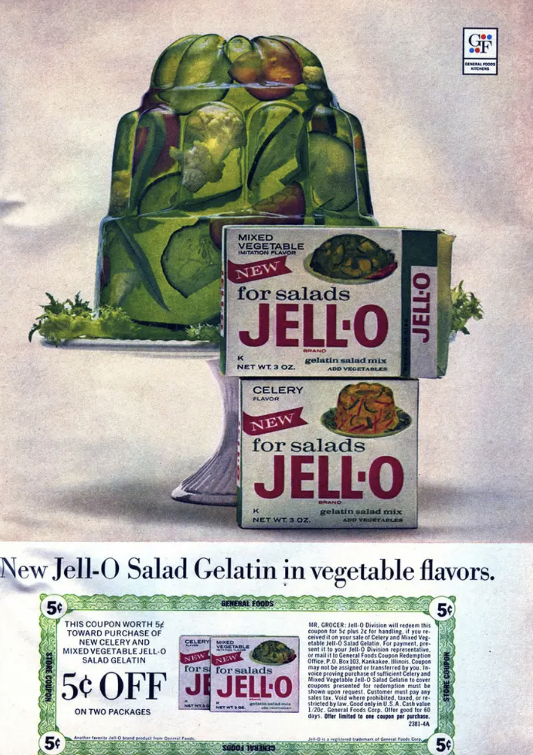 vintage jello ads - Mixed Vegetable New for salads JellO gentin JellO Celery New for salads Jello New JellO Salad Gelatin in vegetable flavors. 5 This Coupon Worth Toward Purchase Of New Celery And Moed Vegetable JellO Salad Gelatin for for salads 5 Off J